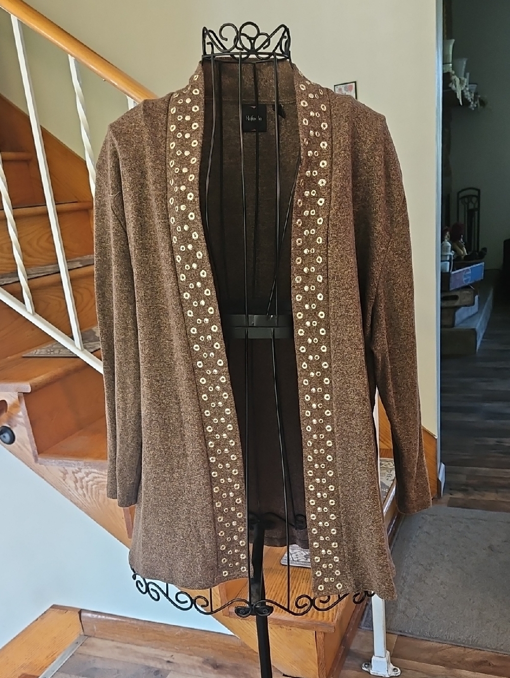 👚Rafaella Brown Gold Trim Open Cardigan